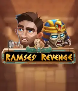 Explore the thrilling world of the Ramses' Revenge game by Relax Gaming, featuring a surprised explorer and a fierce mummy amid an Egyptian tomb backdrop. This image captures the excitement of tomb exploration, ideal for adventure seekers, providing a gripping adventure. 